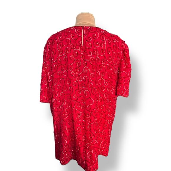Vintage Joseph LeBon Red Silk Sequin Swirl Beaded Blouse Plus Size 26W Evening - Picture 6 of 10